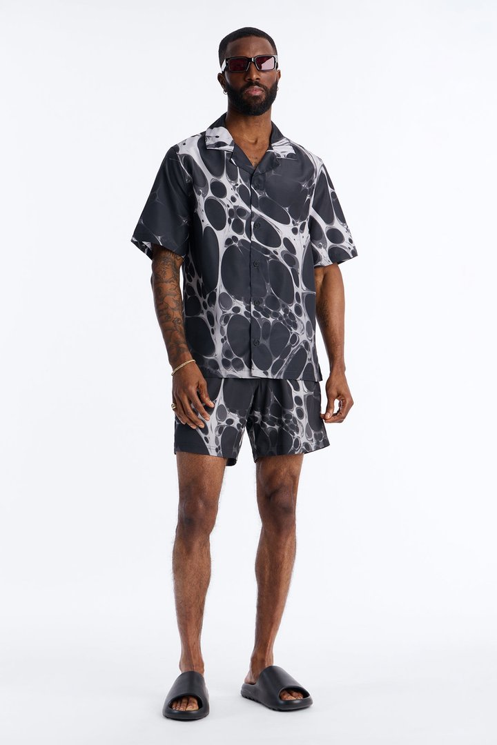 Aqua Drip Cuban Collar Button Up Shirt - Black