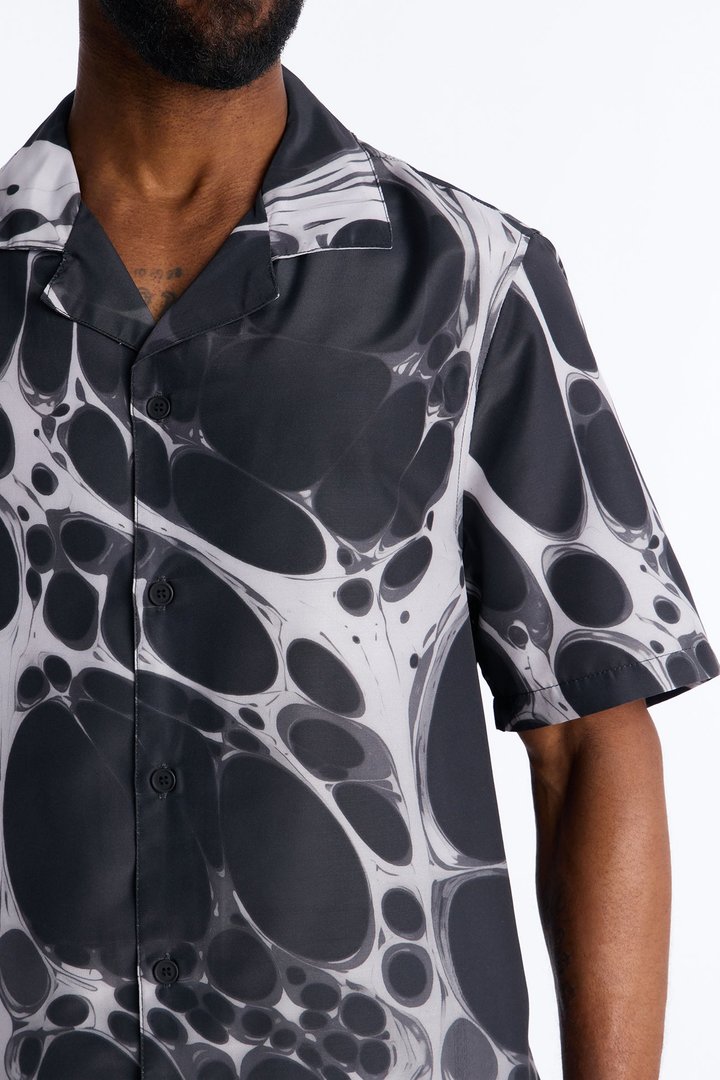 Aqua Drip Cuban Collar Button Up Shirt - Black