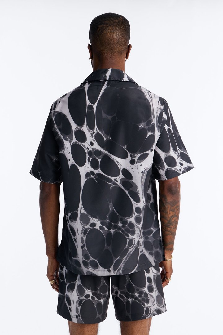 Aqua Drip Cuban Collar Button Up Shirt - Black