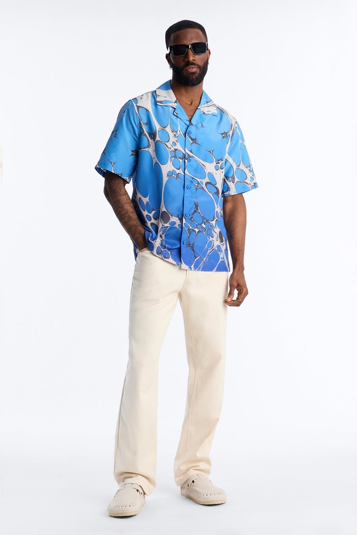 Aqua Drip Cuban Collar Button Up Shirt - Blue