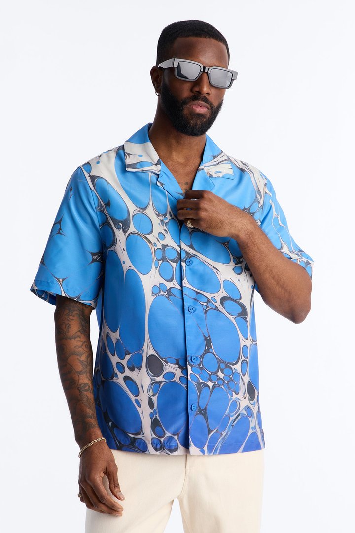 Aqua Drip Cuban Collar Button Up Shirt - Blue