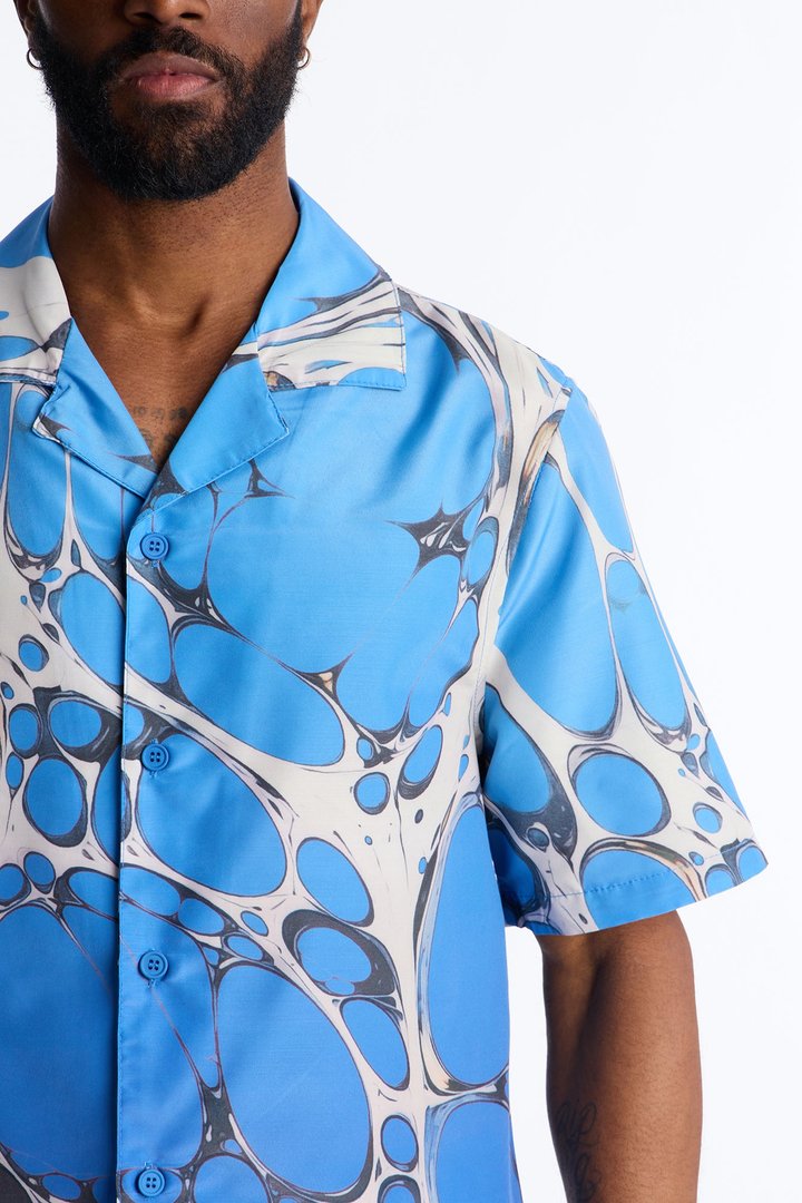 Aqua Drip Cuban Collar Button Up Shirt - Blue