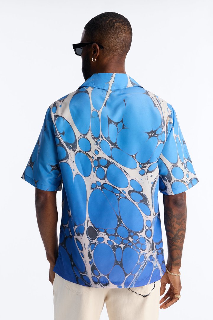 Aqua Drip Cuban Collar Button Up Shirt - Blue