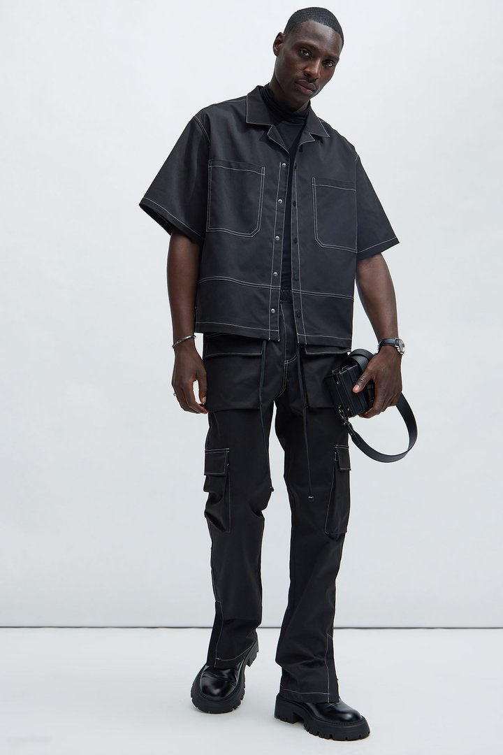 Curtis Contrast Stitch Boxy Shirt - Black