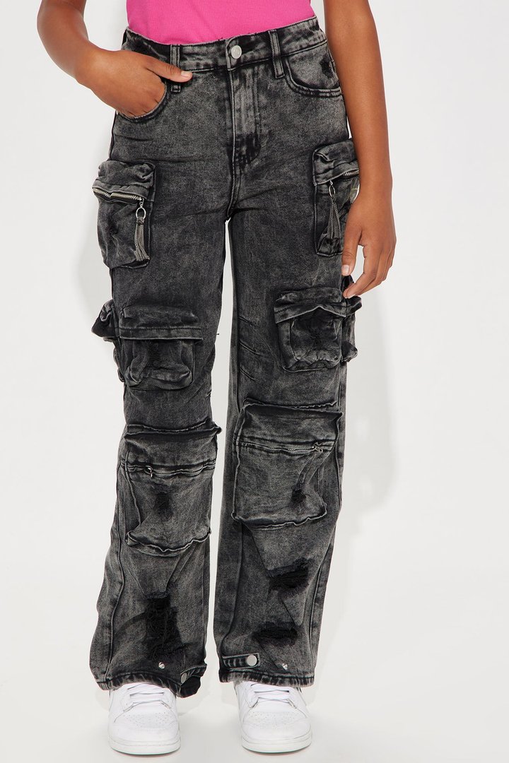 Mini Millie Ripped Cargo Jean - Acid Wash Black
