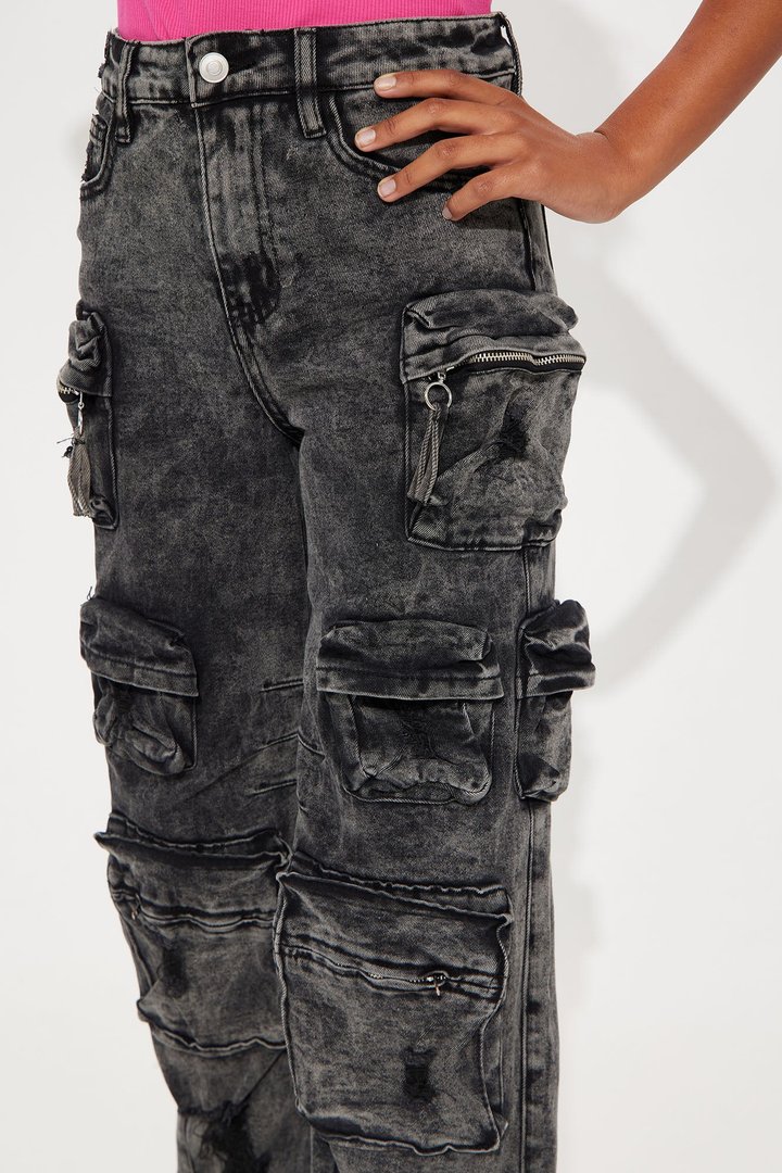 Mini Millie Ripped Cargo Jean - Acid Wash Black