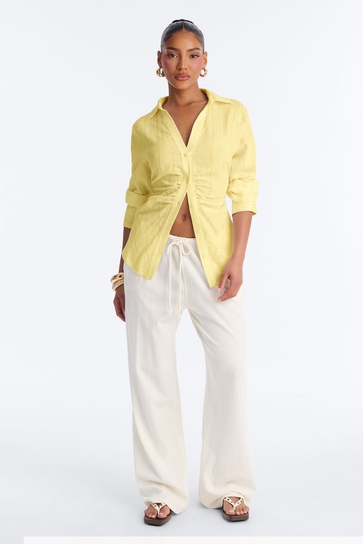 Spring Walks Ruched Linen Shirt - Butter Yellow
