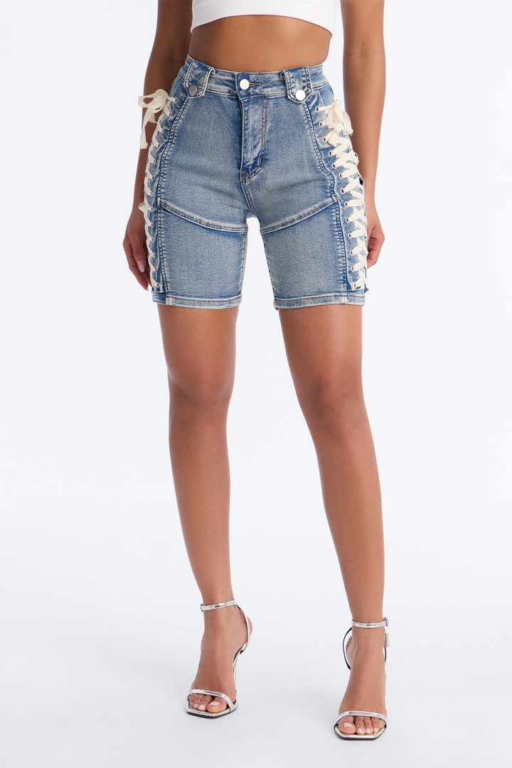 Jaw Dropper Stretch Lace Up Denim Bermuda Shorts - Medium Wash