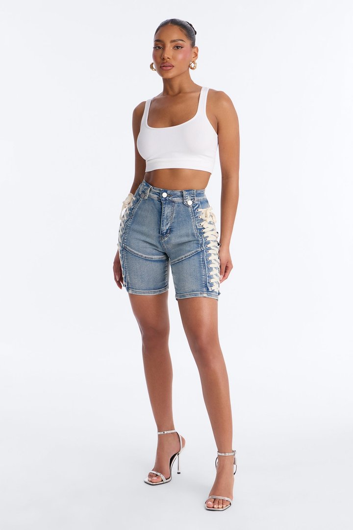 Jaw Dropper Stretch Lace Up Denim Bermuda Shorts - Medium Wash