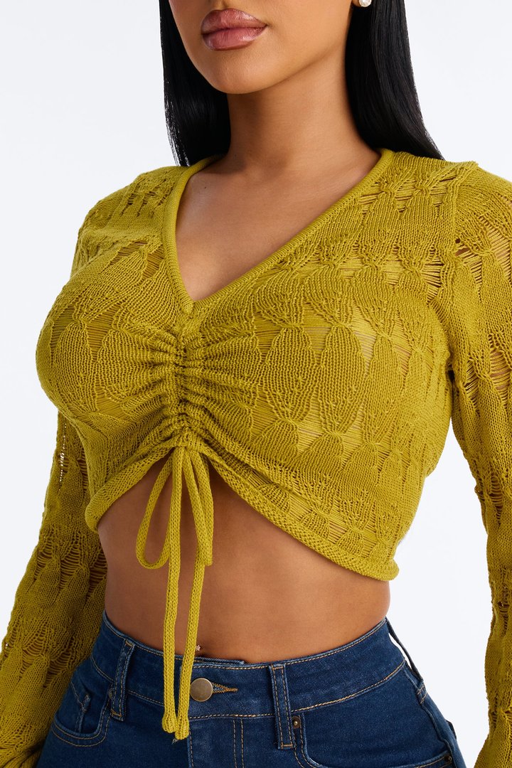 Spring Kissed Ruched Crochet Sweater Top - Chartreuse