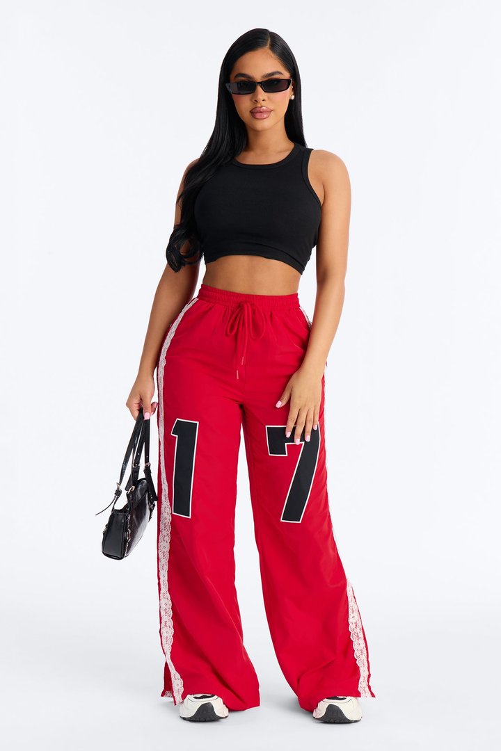 Lucky You Laced Windbreaker Lounge Pant - Red