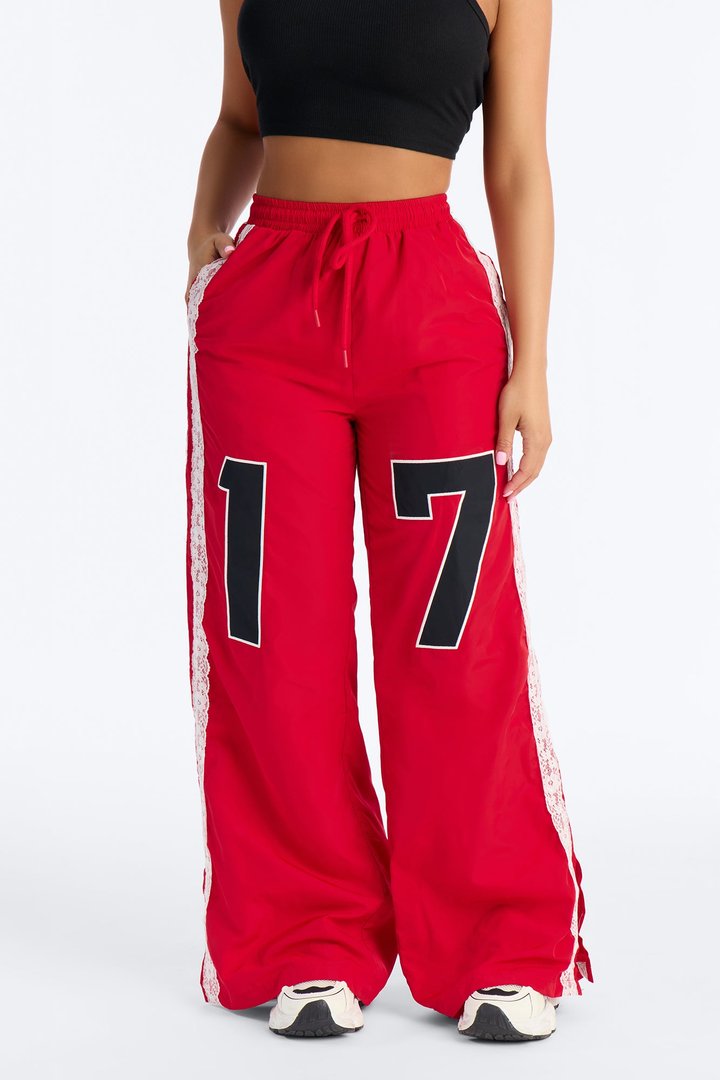 Lucky You Laced Windbreaker Lounge Pant - Red