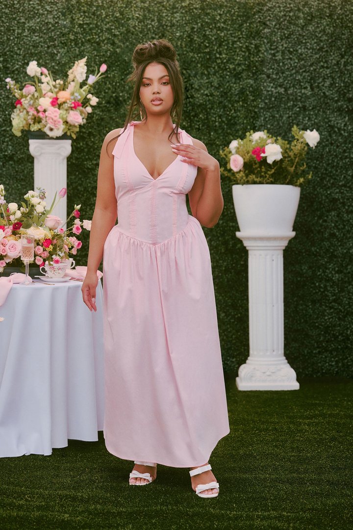 Elena A Line Poplin Maxi Dress - Pink
