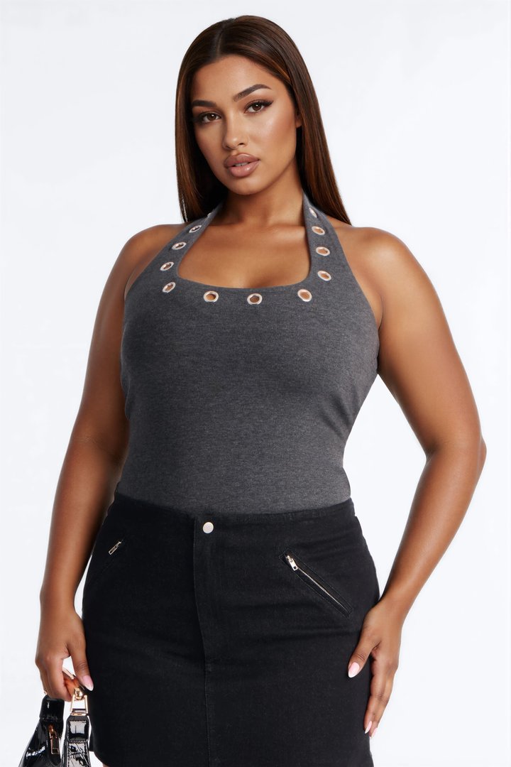 Lian U-Neck Hardware Halter Top - Heather Grey