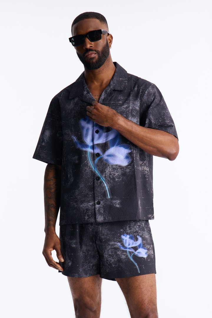 Relaxed Violet Static Seersucker Cuban Collar Up Shirt - Black
