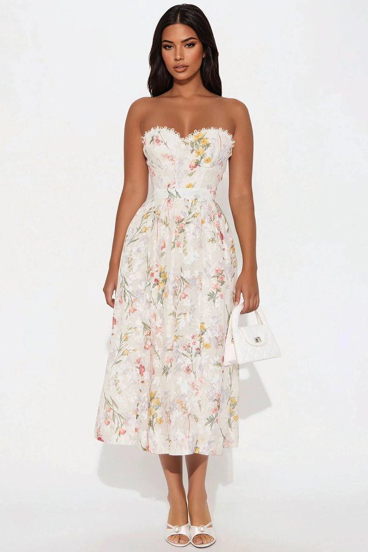 Ophelia Strapless Floral Midi Dress - Taupe/combo