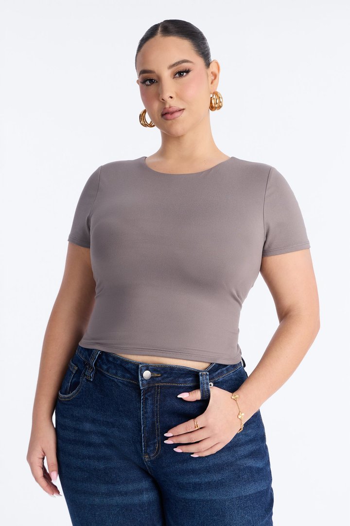 Jaslynn Double Lined Cropped Baby Tee - Grey