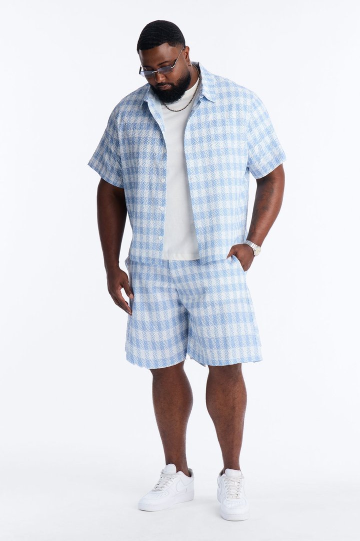 Chess Check Seersucker Button Up Shirt - Blue