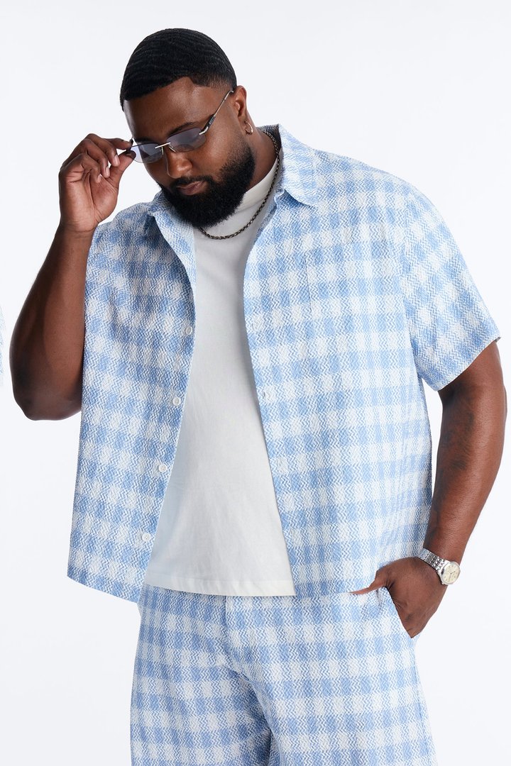 Chess Check Seersucker Button Up Shirt - Blue