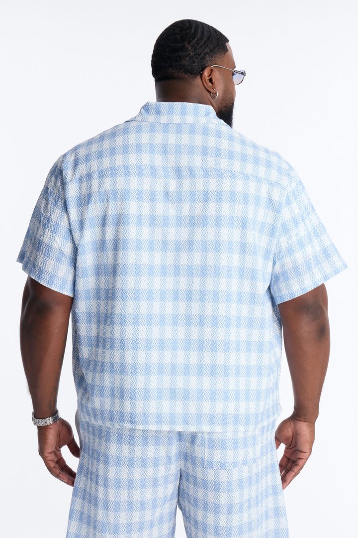 Chess Check Seersucker Button Up Shirt - Blue