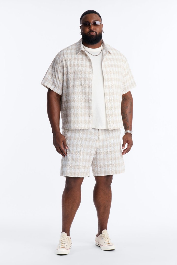 Chess Check Seersucker Button Up Shirt - Tan