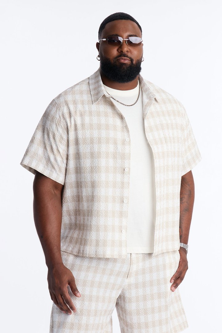 Chess Check Seersucker Button Up Shirt - Tan