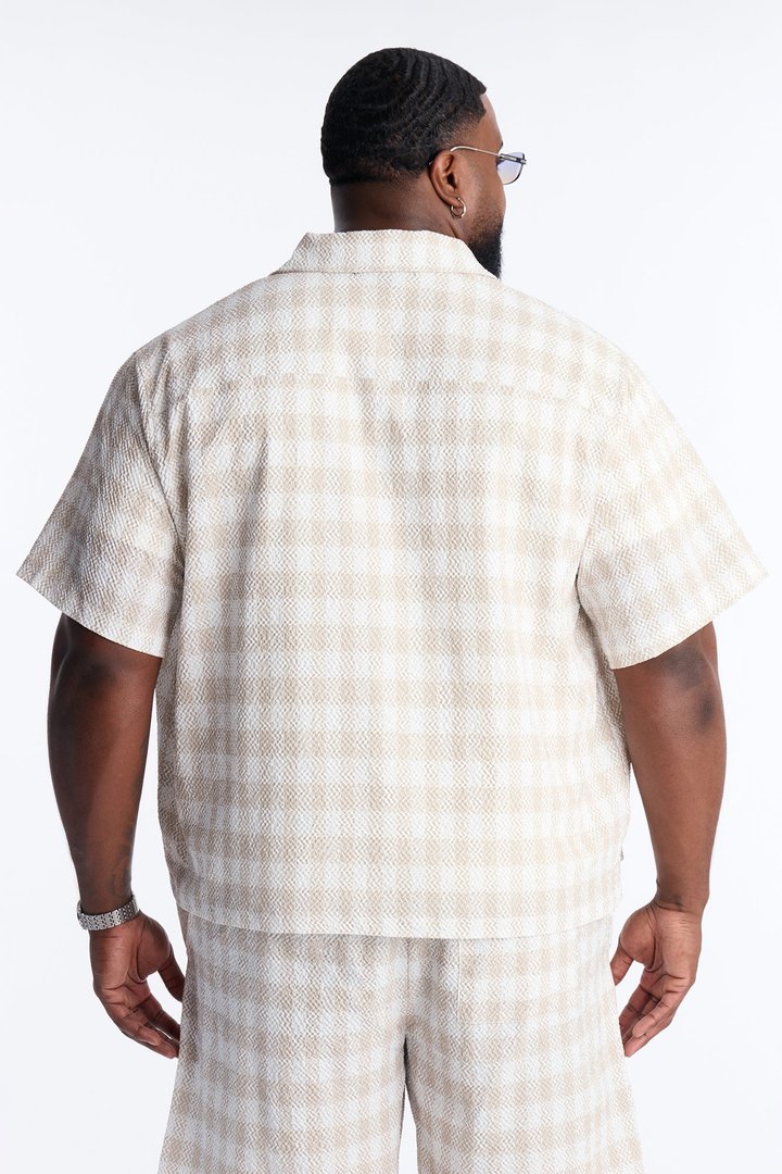 Chess Check Seersucker Button Up Shirt - Tan