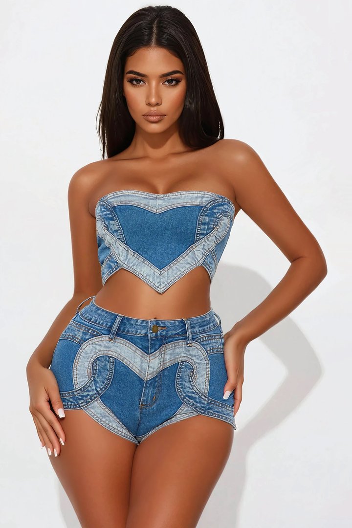 I Heart You Denim Short Set - Medium Wash