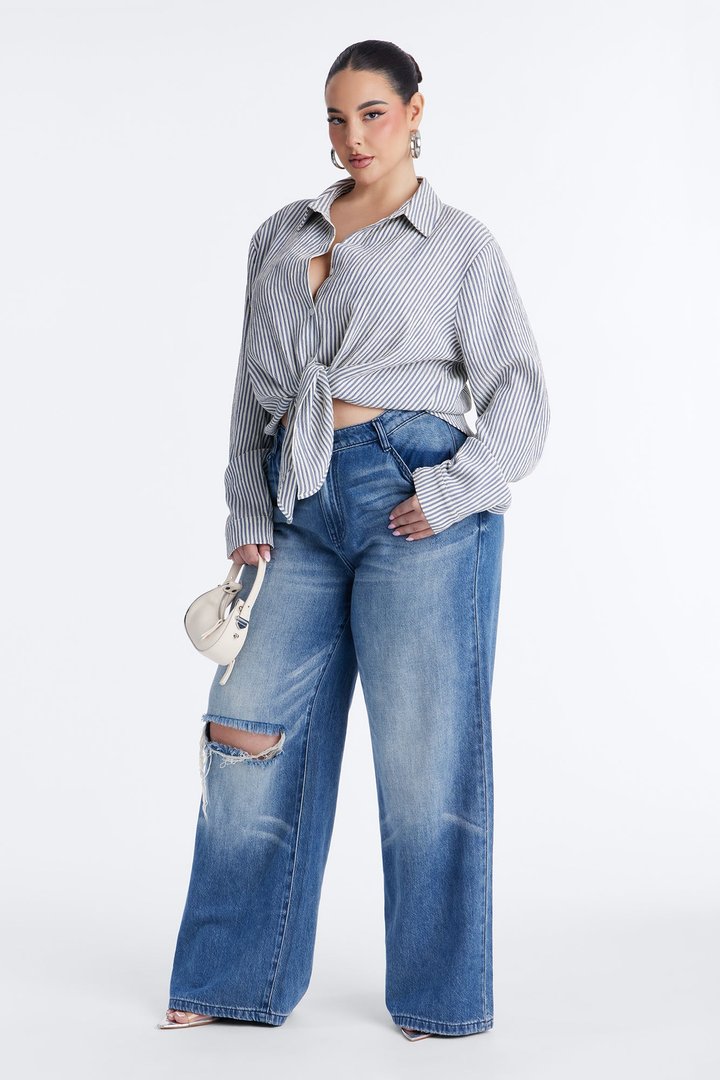 Riley Tie Front Striped Linen Shirt - Blue/combo