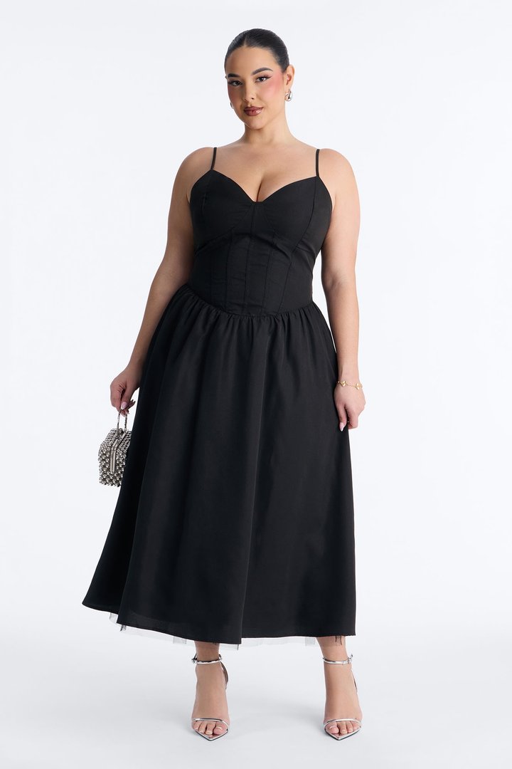 Flora Lace Up Midi Dress - Black