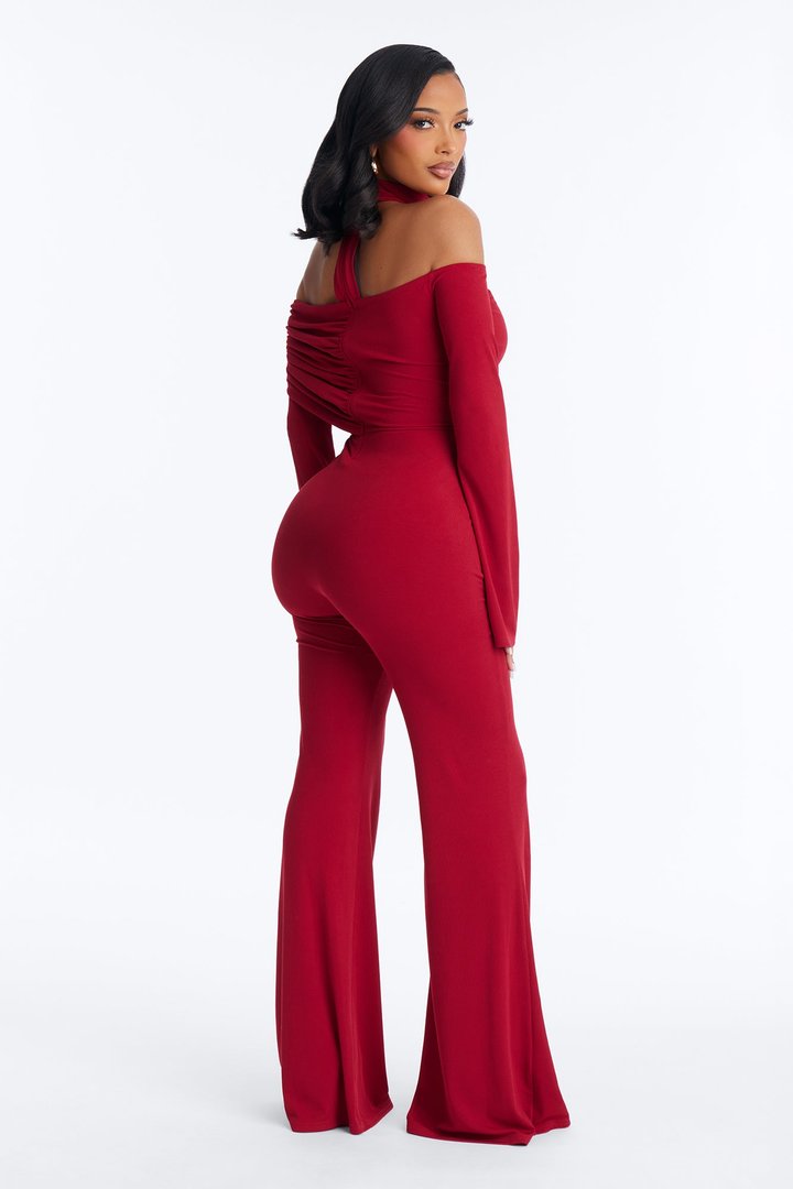 Kendall Choker Flare Leg Jumpsuit - DarkRed