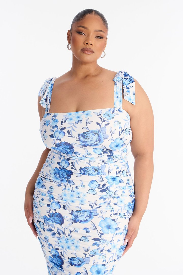 Alexandra Ruched Floral Midi Dress - Blue/combo