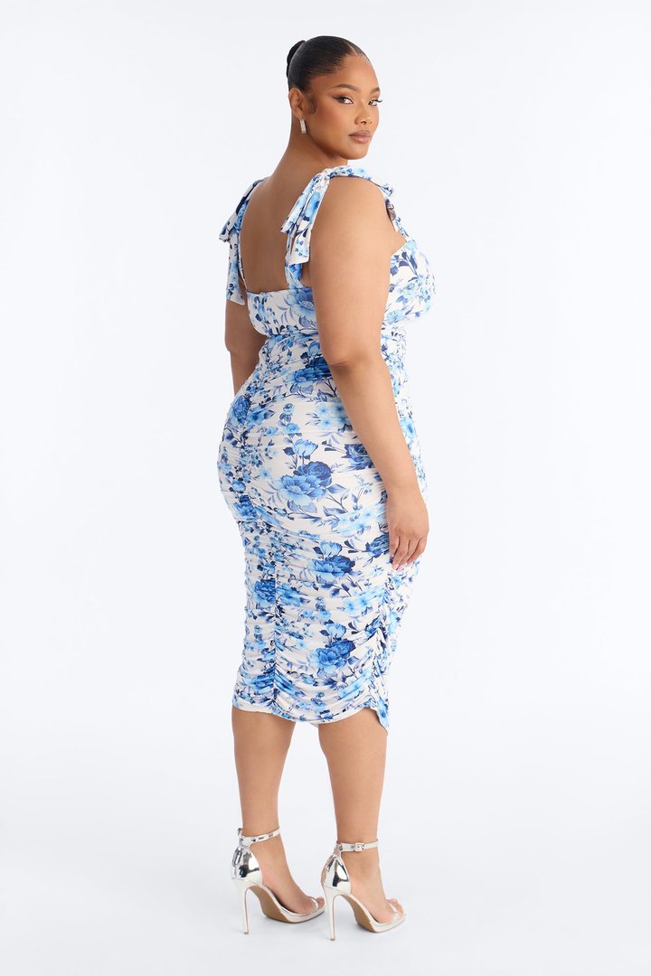 Alexandra Ruched Floral Midi Dress - Blue/combo