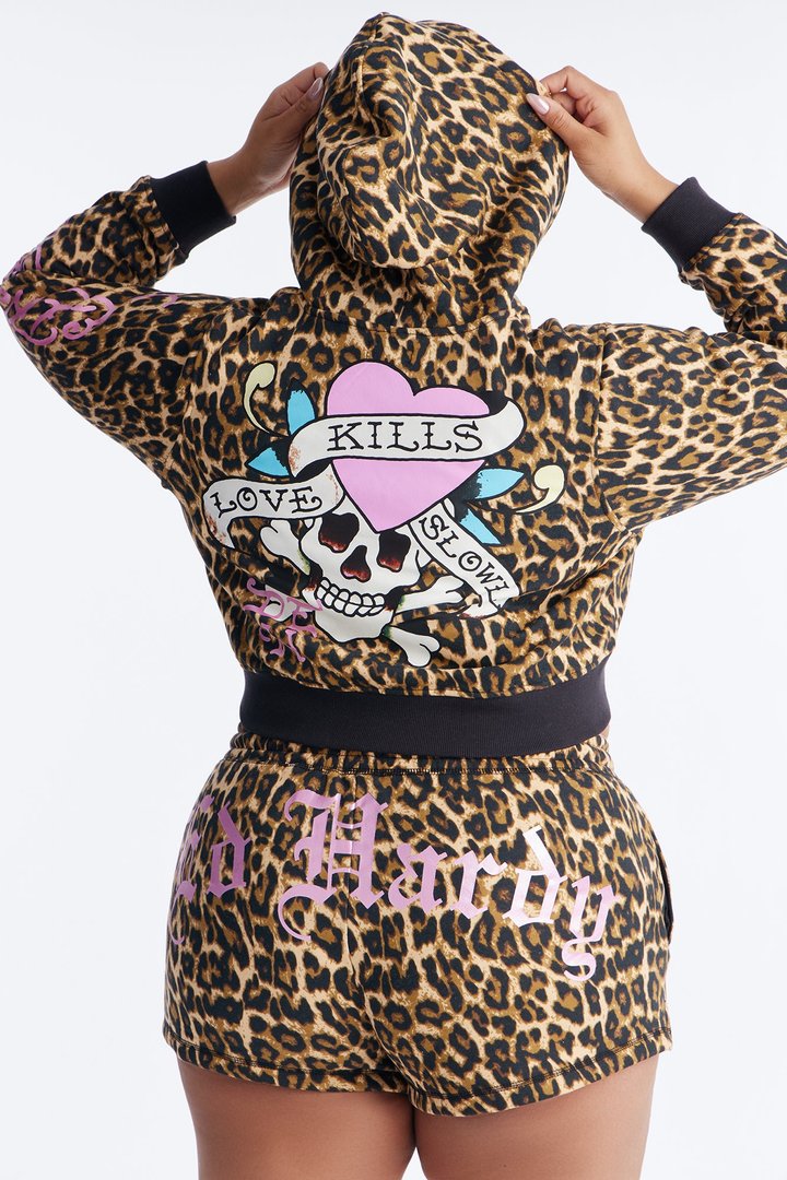 Ed Hardy Pink Skull Leopard Print Fleece Short Set - Leopard