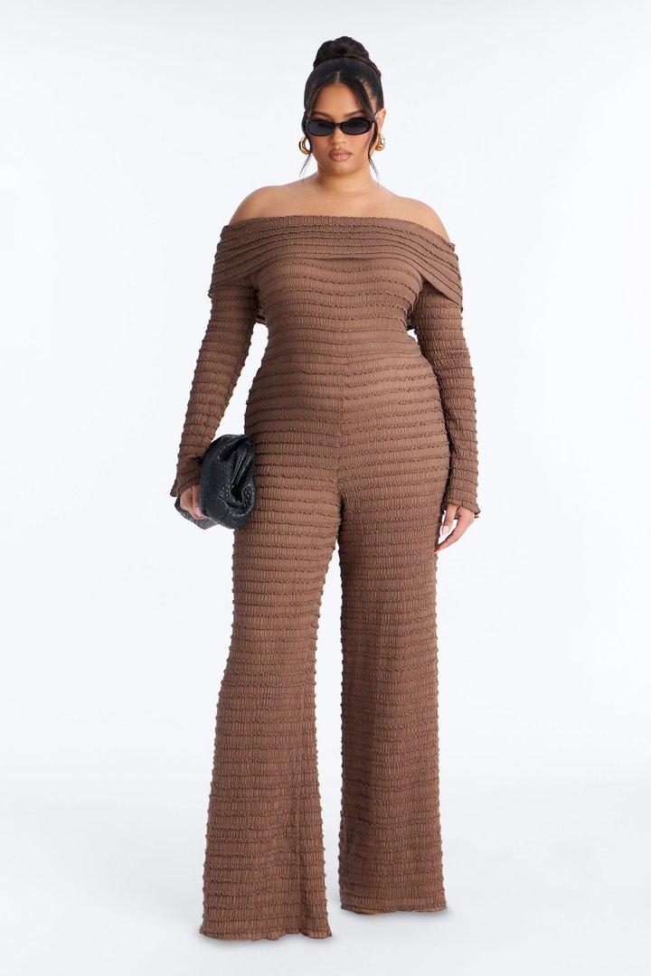 Francesca Textured Off Shoulder Jumpsuit - Chocolate