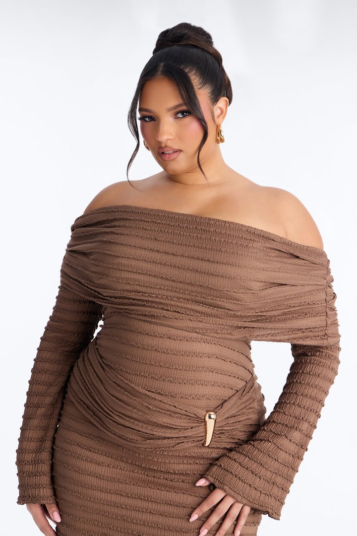 Marcy Off Shoulder Textured Midi Dress - Mocha