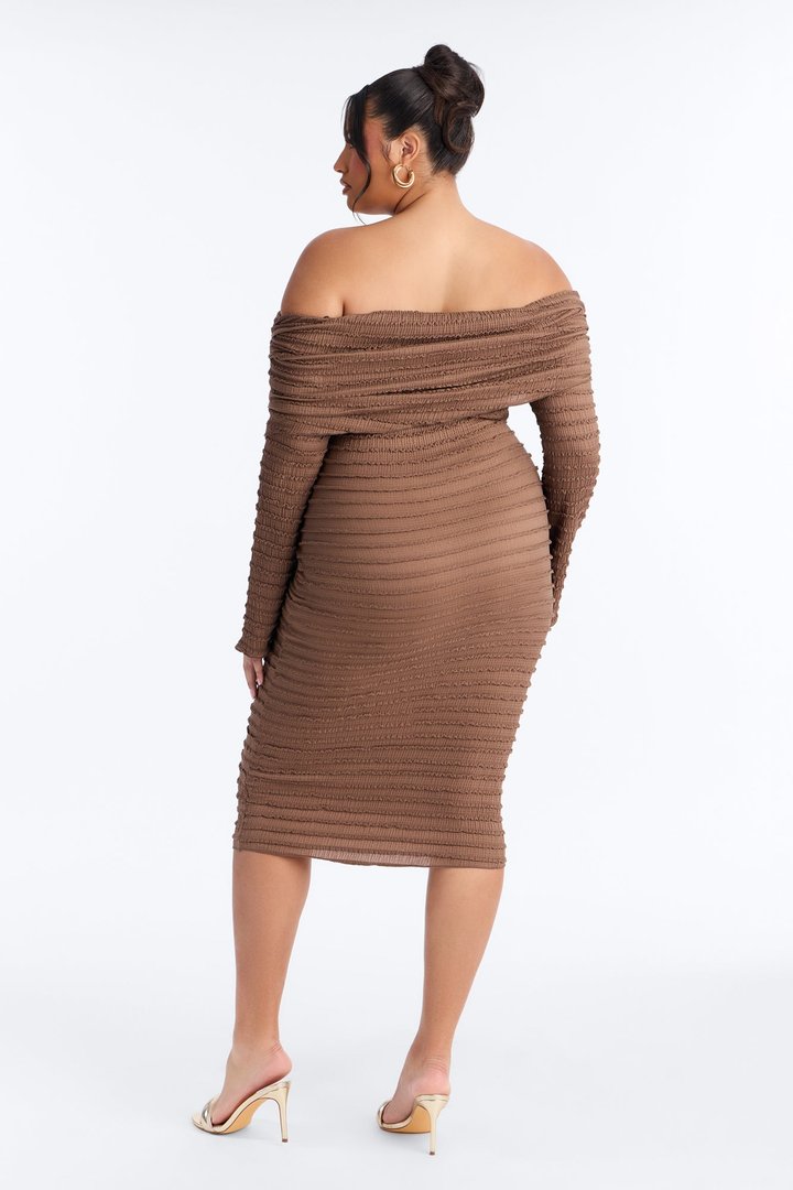 Marcy Off Shoulder Textured Midi Dress - Mocha