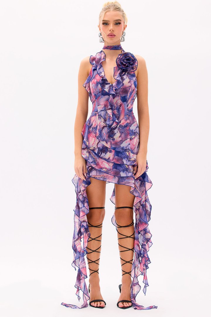 Ruffles and Roses Print Mini Dress - Purple/combo