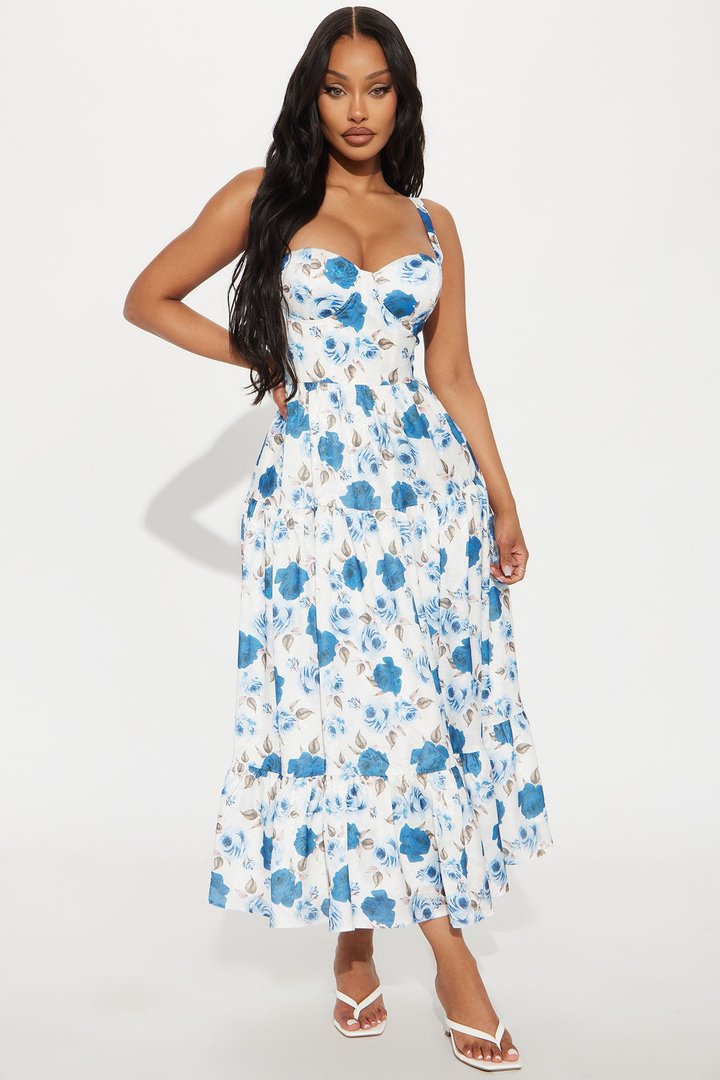 Frances Floral Midi Dress - Blue/combo