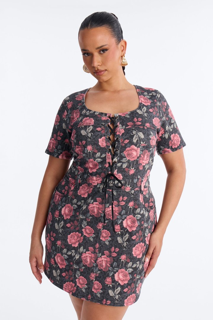 Garden Of Love Floral Denim Mini Dress - Black/Pink