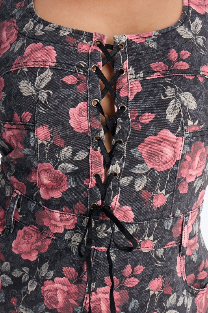 Garden Of Love Floral Denim Mini Dress - Black/Pink