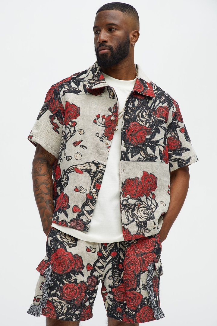 Petals Tapestry Short Sleeve Button Up Shirt - Red/combo