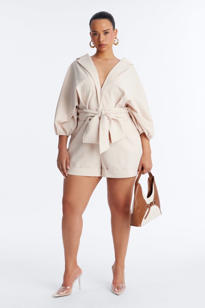 Irina Plunge Neck Romper - Beige
