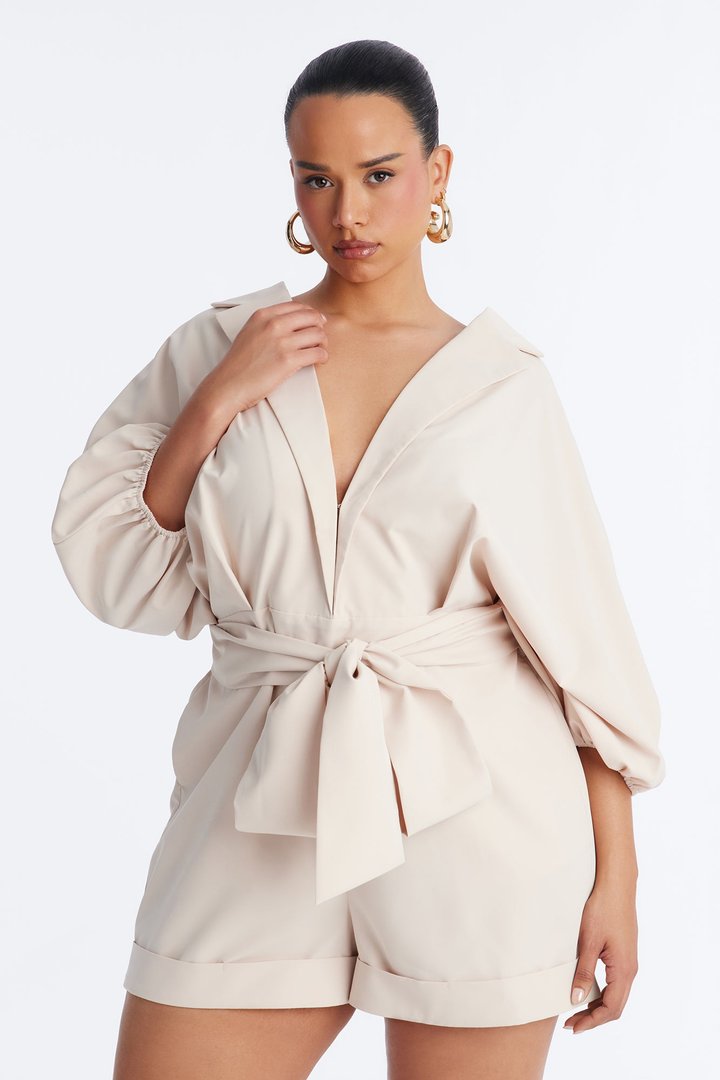 Irina Plunge Neck Romper - Beige