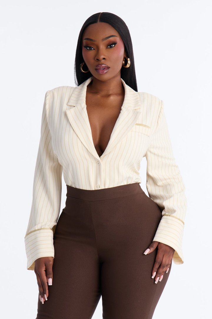 Hit The City Shoulder Pads Pinstripe Bodysuit - Cream/combo