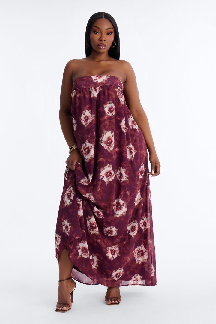 Nola Strapless Floral Maxi Dress - Wine/combo