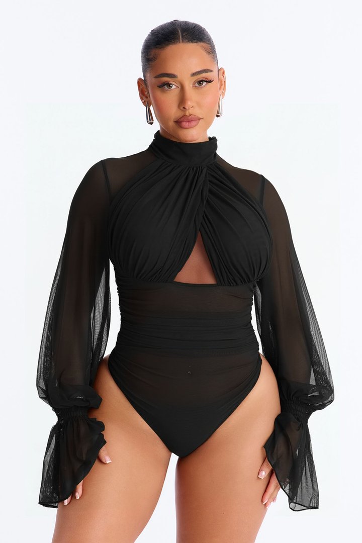 Juliet Ruched Mesh Long Sleeve Bodysuit - Black