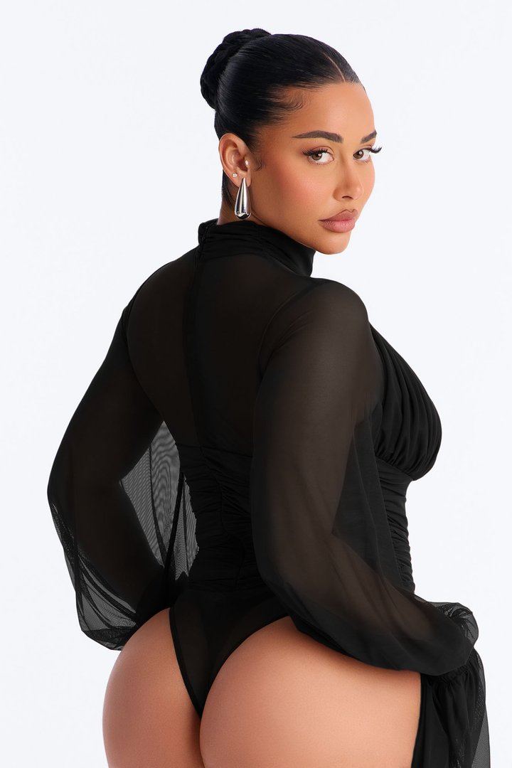 Juliet Ruched Mesh Long Sleeve Bodysuit - Black