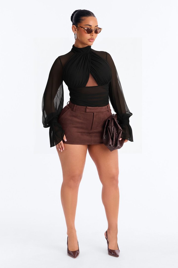 Juliet Ruched Mesh Long Sleeve Bodysuit - Black