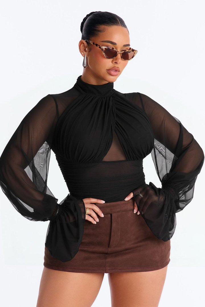 Juliet Ruched Mesh Long Sleeve Bodysuit - Black